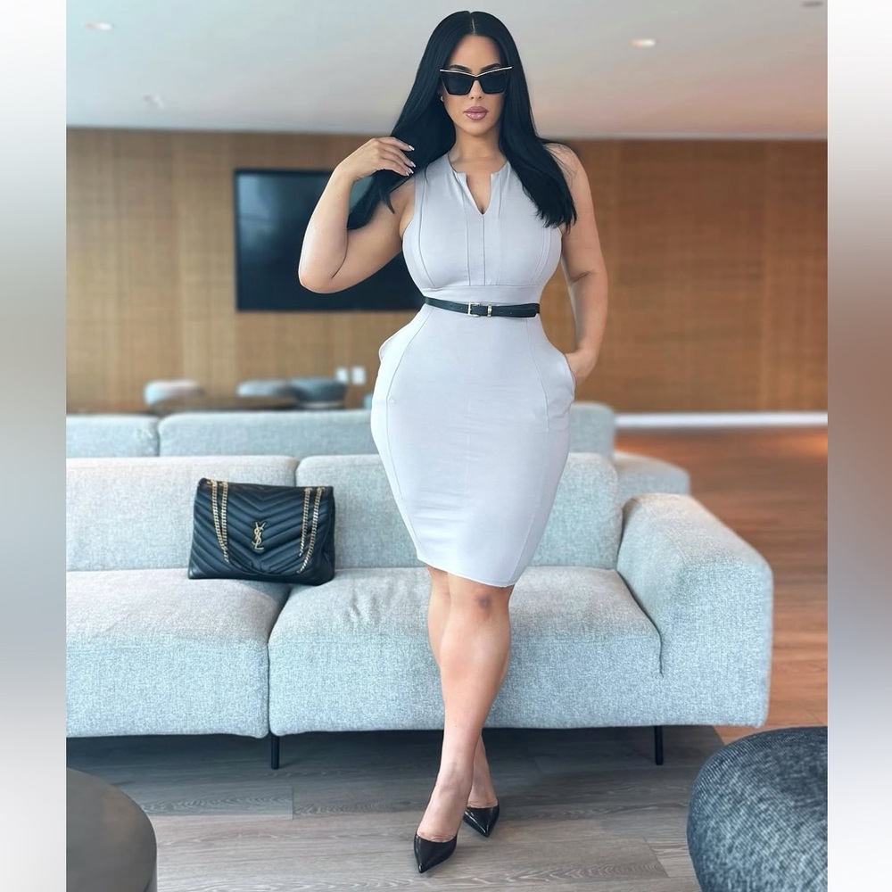 Taupe midi fitted Dress with pockets